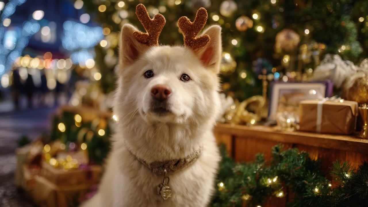 A Festively Adorned Dog with Reindeer Antlers Poses Charming in Front of a Beautifully Decorated Christmas Tree Filled with Cheerful Holiday Lights and Gifts