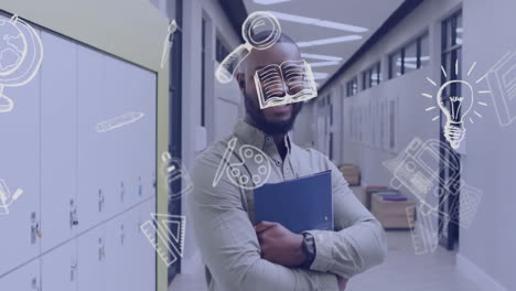 animación de los iconos de la escuela sobre el feliz maestro afroamericano