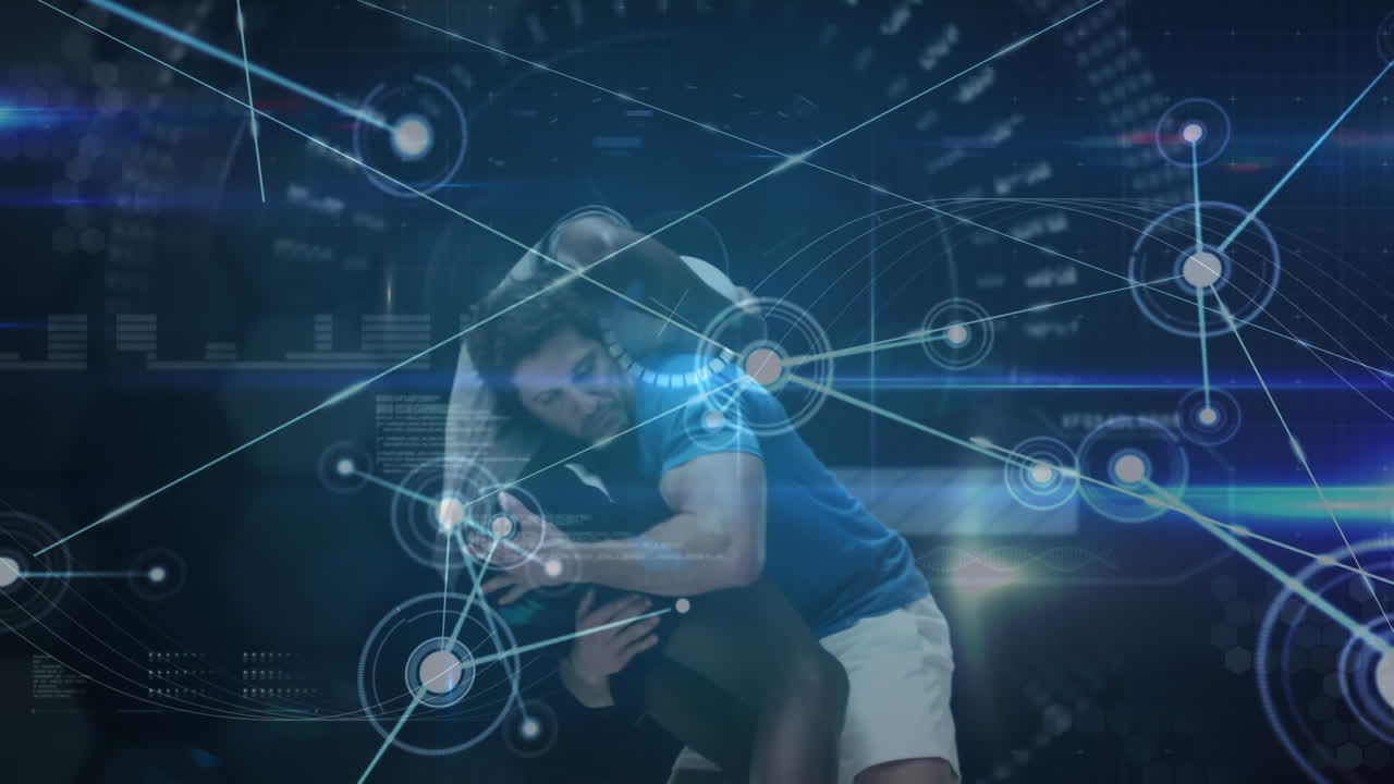 Animation of two male rugby players in scrum and network of connections