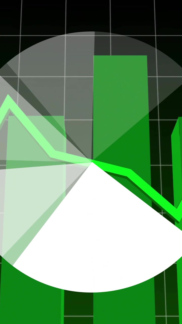 Green bar chart and line graph with pie chart animation overlay