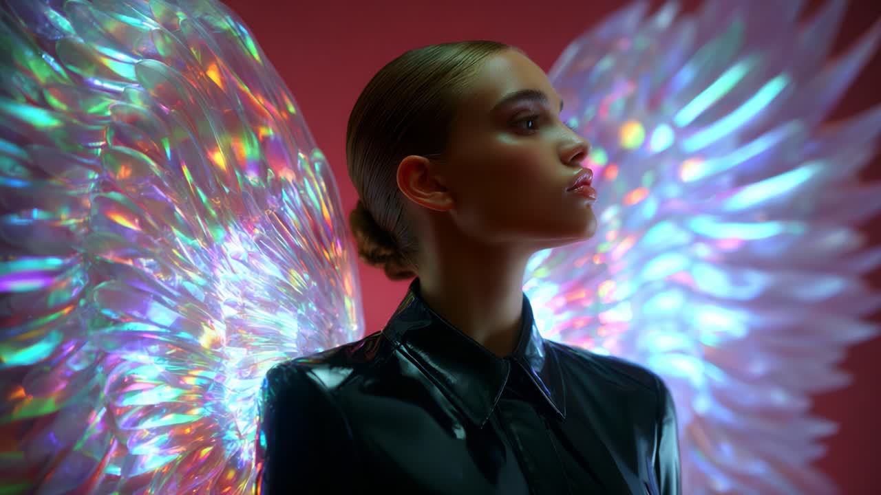 A Stunning Portrait of an Elegant Figure with Ethereal, Iridescent Wings, Capturing Gender Fluidity and Artistic Expression Amidst a Vibrant Background of Glossy Colors and Unique Light Reflections