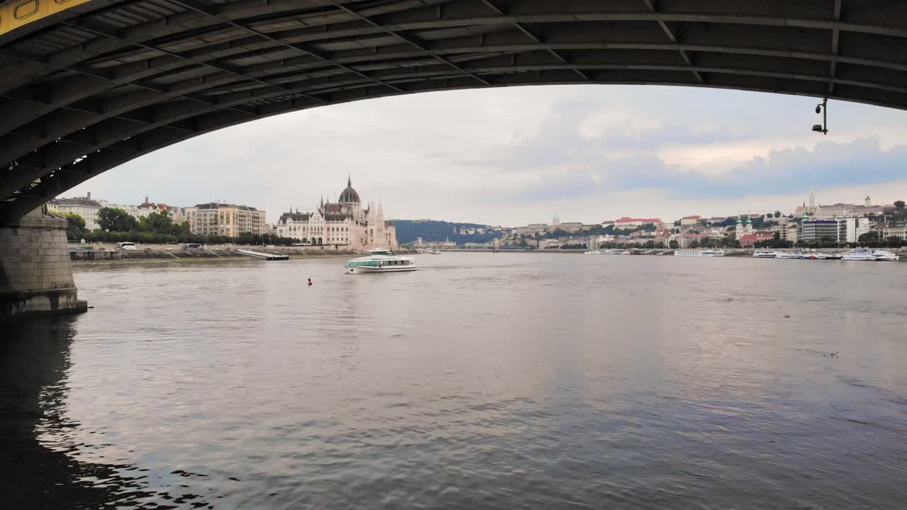 Budapest  Margit Hid (Margaret bridge) and Parliament building filmed by drown flying under bridge