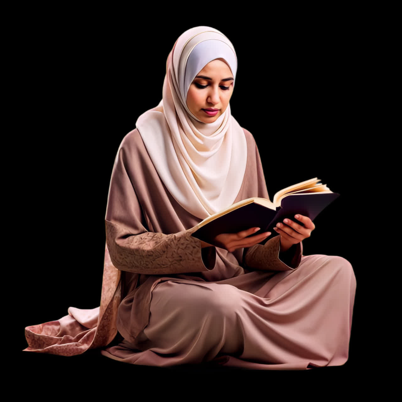 A woman reading a book while wearing a hijab
