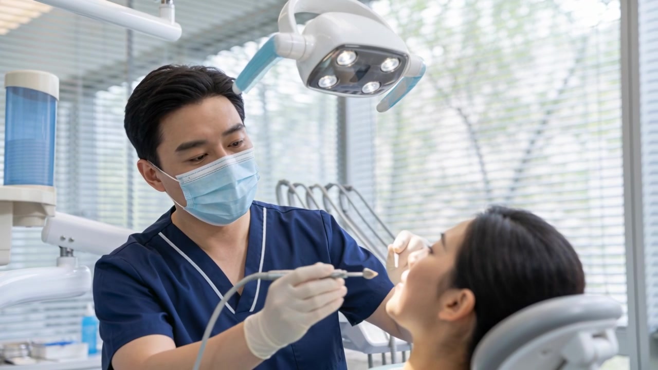 患者が口を開けた後、スクラブを着た臨床医が診療台のそばでスケーラーと吸引器を使い、歯をきれいにしている。
