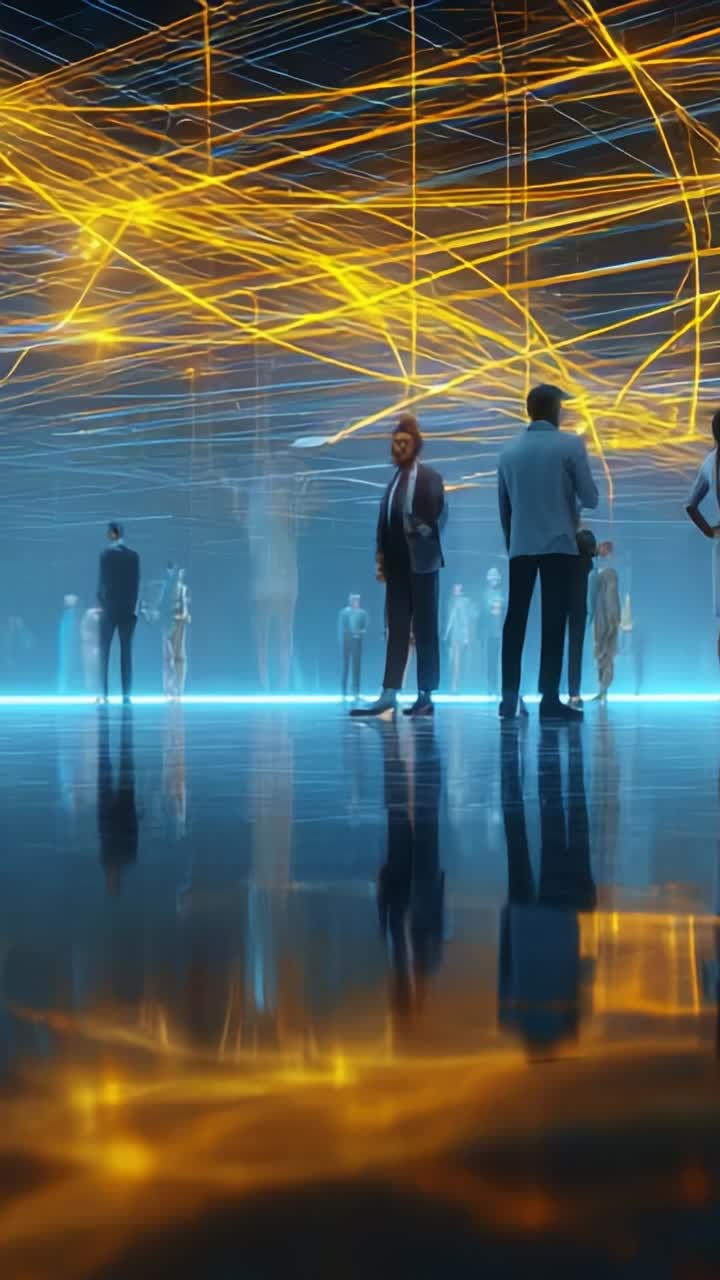 Illuminated Gathering in a Digital Space: A Futuristic Scene with Dynamic Light Patterns and Figures Engaged in Thoughtful Interaction and Reflection