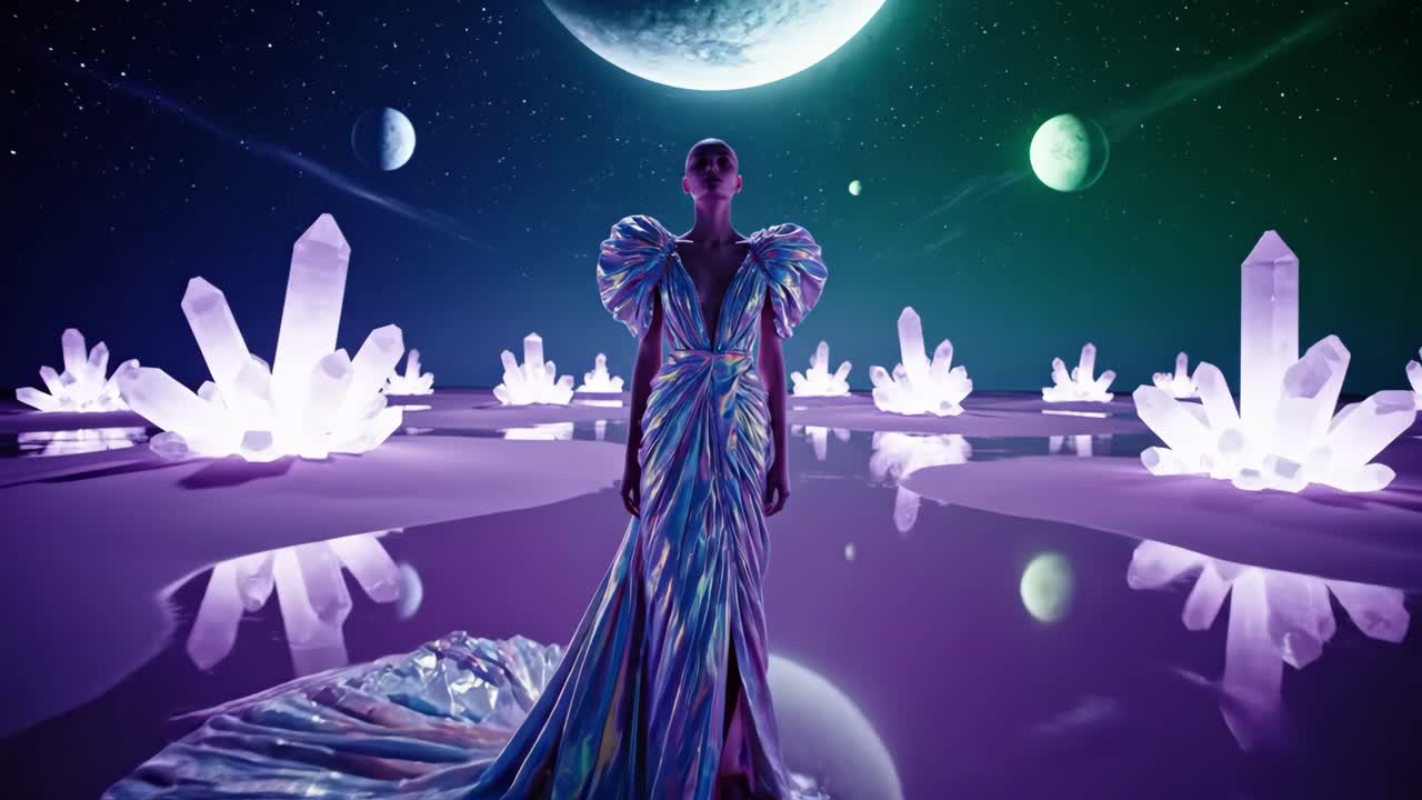 Futuristic Woman in Gown among Crystals in Outer Space