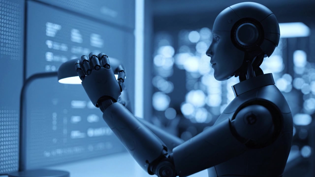 A Thoughtful Robot Engaged in Data Analysis at a Modern Workspace Designed for Artificial Intelligence Interaction and Development in a Futuristic Setting