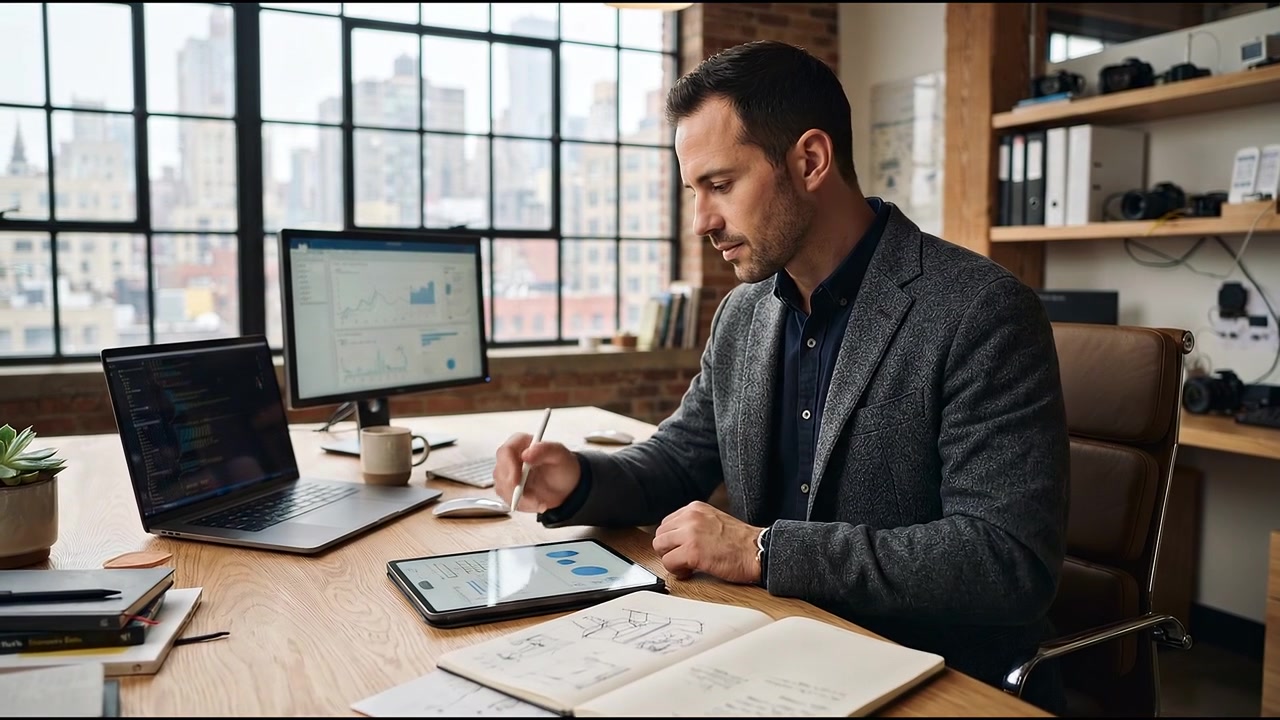 Empresário trabalhando com documentos e um laptop em uma mesa de escritório doméstico moderno capturado em um ambiente profissional realista