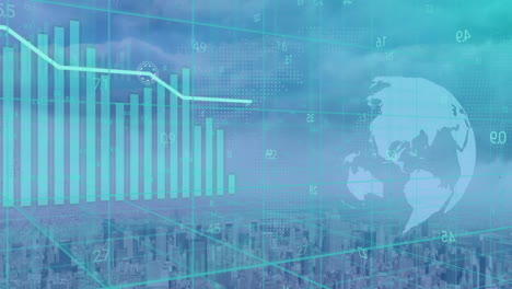 Animation-of-financial-data-processing-and-globe-over-cityscape