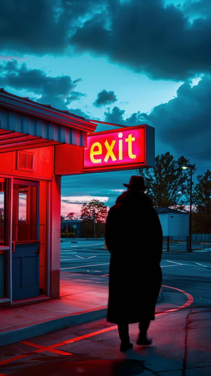 Scena urbana suggestiva con un'insegna al neon di uscita al crepuscolo. Un'inquadratura dal basso cattura colori vivaci, perfetto.
