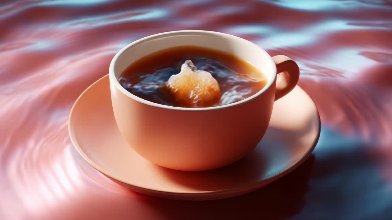 A Serene Cup of Tea Floating on a Calm Surface: Visual Poetry Captured in Reflection, Colors, and Texture, Merging Elements of Nature and Culinary Art in a Dreamlike Abstract Setting