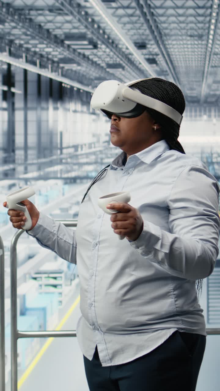 Vertical video Hardware designers in PCB industrial plant using VR headset equipment