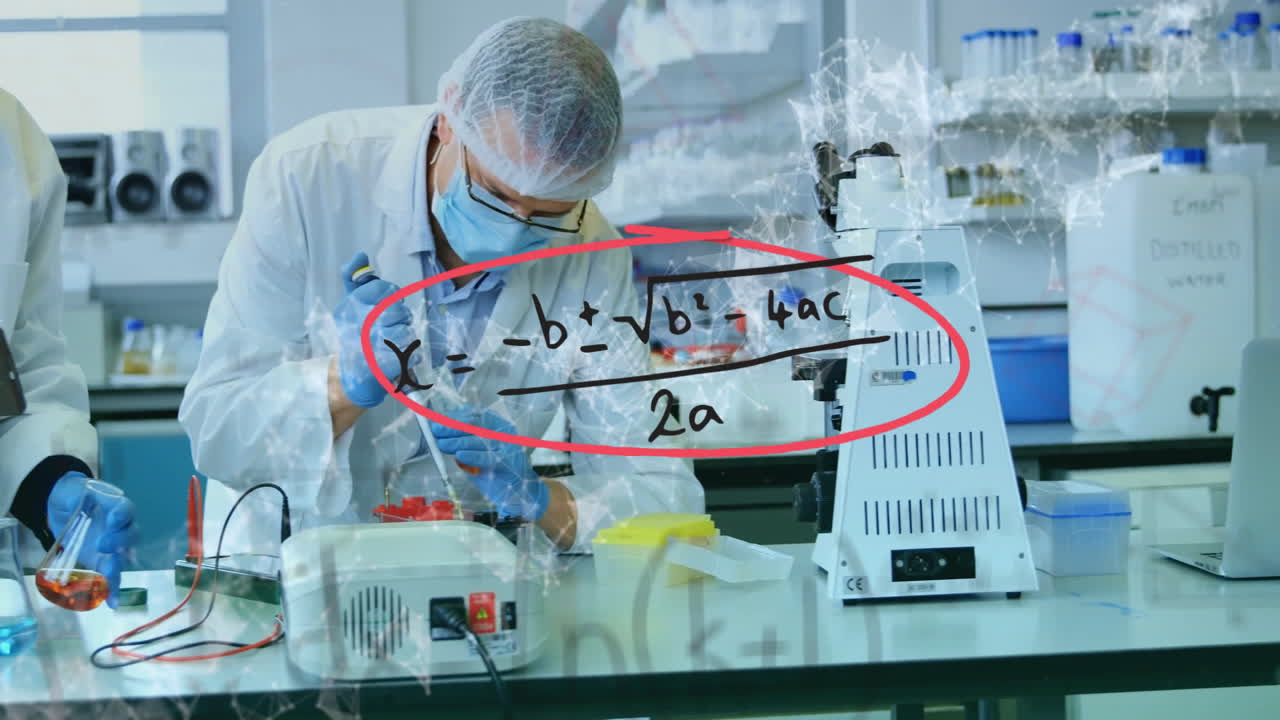 animación de ecuaciones matemáticas sobre diversos científicos que toman muestras