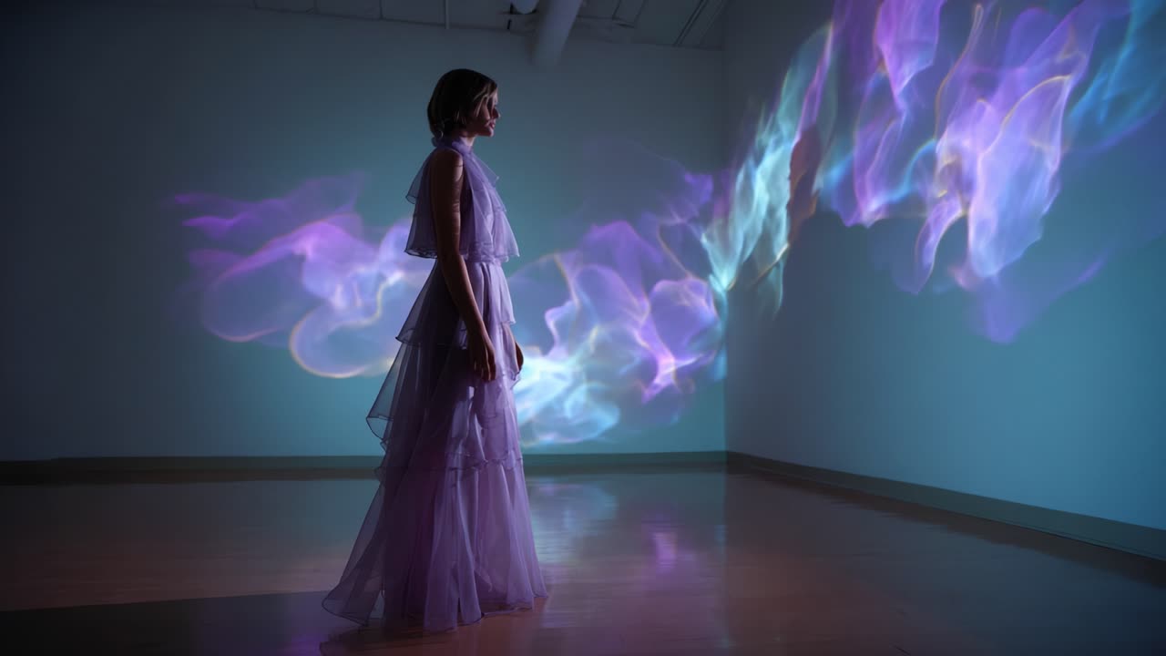 Uma figura graciosa envolta em luz etérea: uma exibição cativante de projeções coloridas iluminando uma atmosfera mística, unindo a realidade com a visão artística e a imaginação