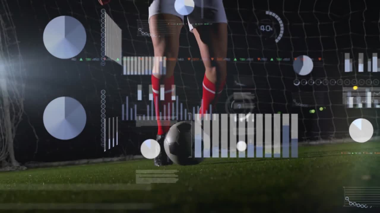 축구를 연습하는 백인 선수의 낮은 섹션에 대한 그래프와 프로그래밍 언어의 애니메이션