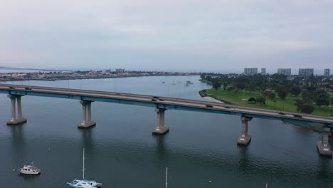 Drone-Approaching-Towards-Coronado-Bridge-Over-San-Diego-Bay-In-California---aerial