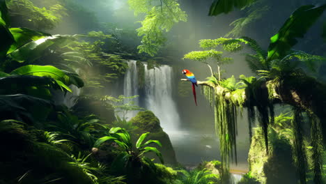 vibrant macaw perched in a lush tropical waterfall jungle