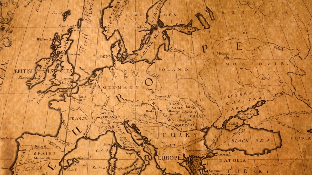 Antikt 1700-tals kort over Europa med detaljerede geografiske kendetegn og regioner.