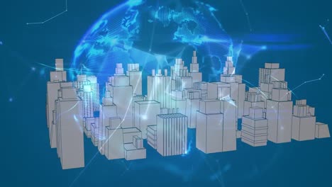 animation of globe of connections over digital city on blue background