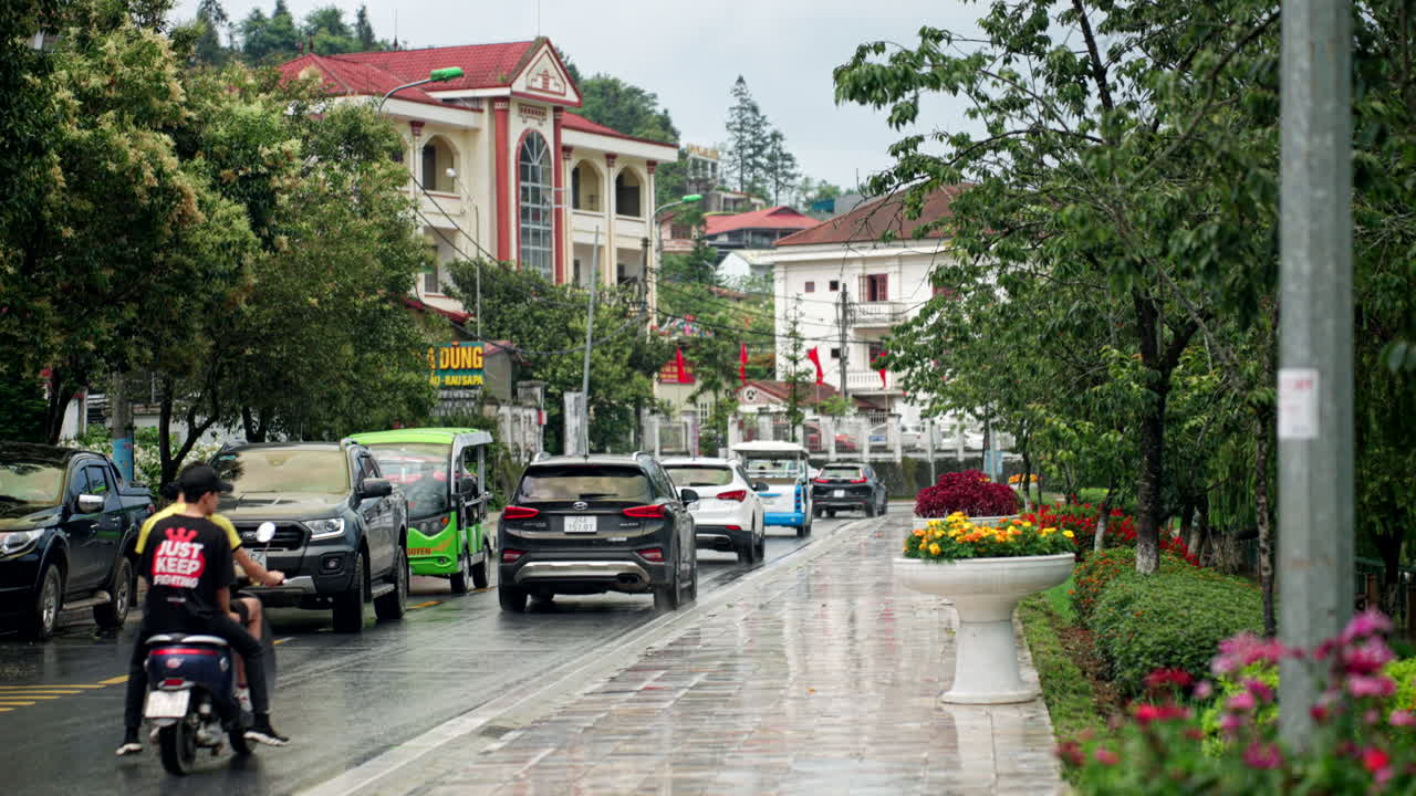 Urban traffic transportation, residential buildings, busy street scenery