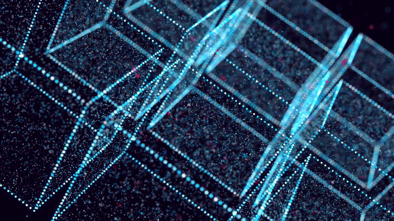 Abstract glow particles form 3d object in space. Cubes. Vj loop as bg of virtual digital space. Particles form holoram shape as concept of big data, network or vr space. Sci-fi motion design bg