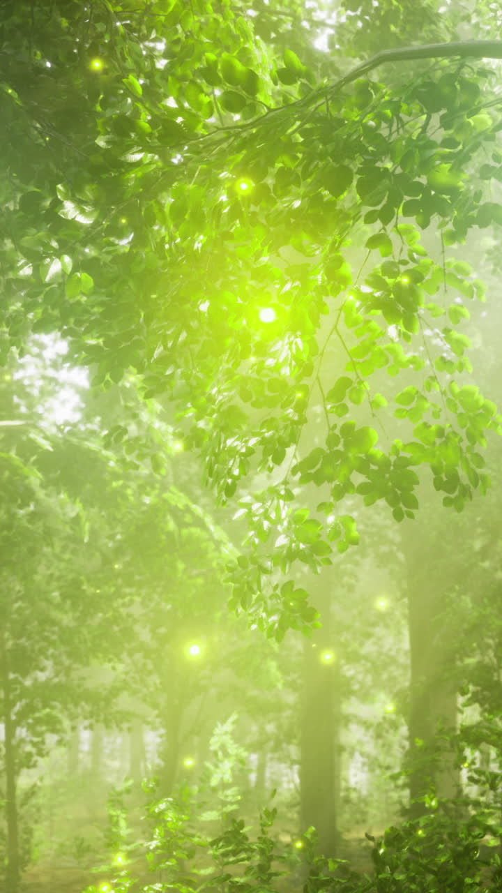 Enchanting forest filled with glowing lights during twilight hours