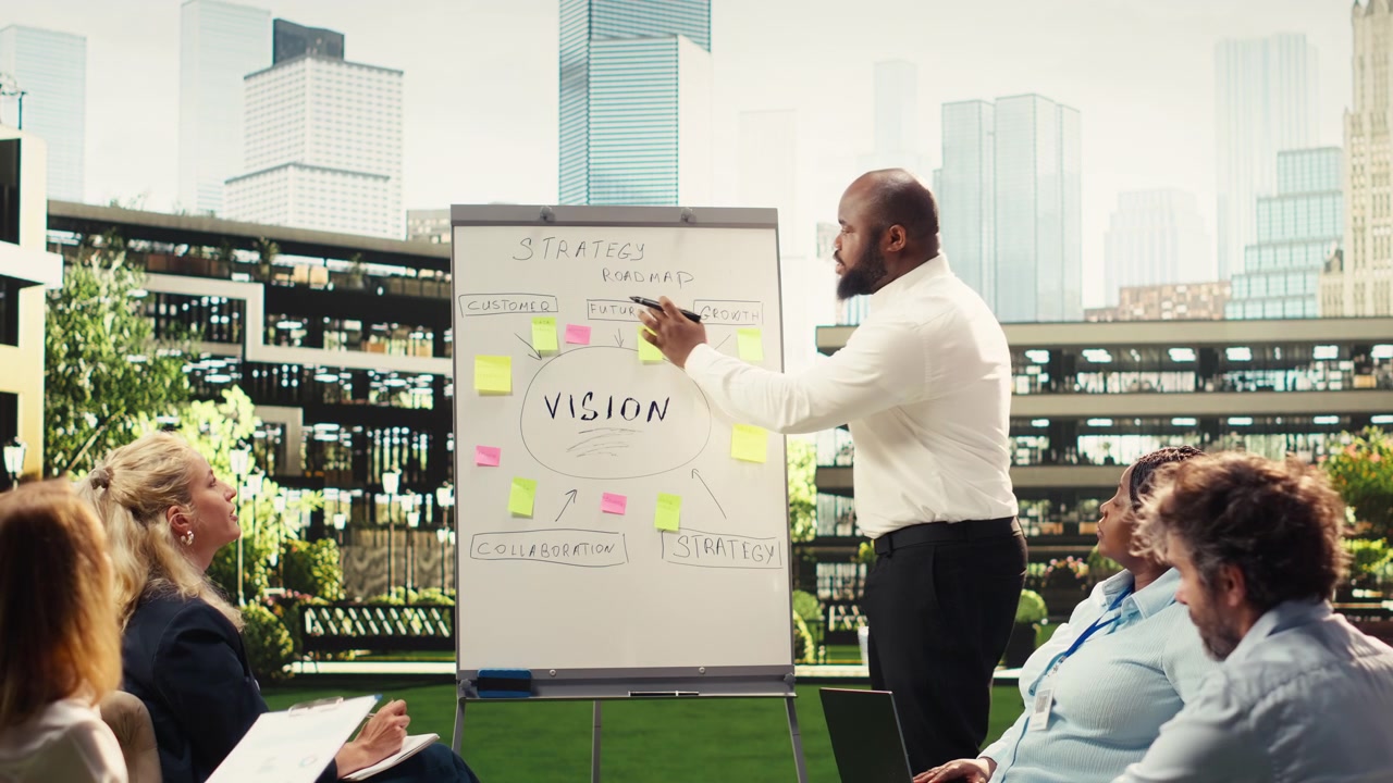 Business colleagues discussing action plan on whiteboard for team presentation