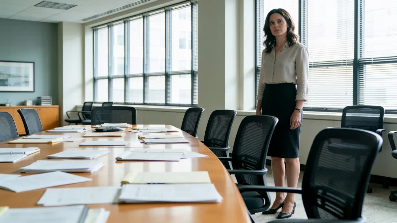 Stehende Managerin in Bluse und Rock im Büro, Kamera schwenkt über scannende Besprechungsunterlagen, mit Textfreiraum.