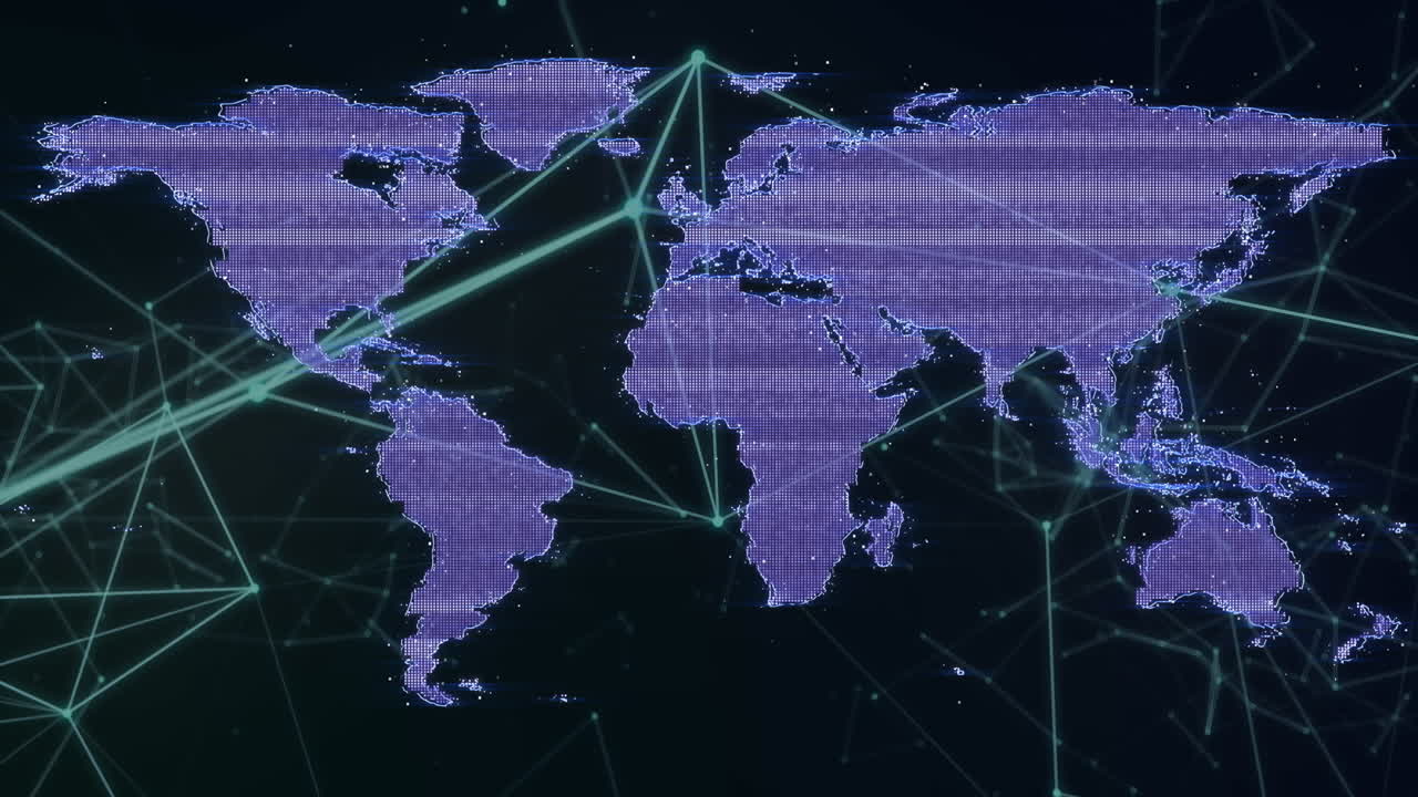 Animation of dots connected with lines over glitched map against black background