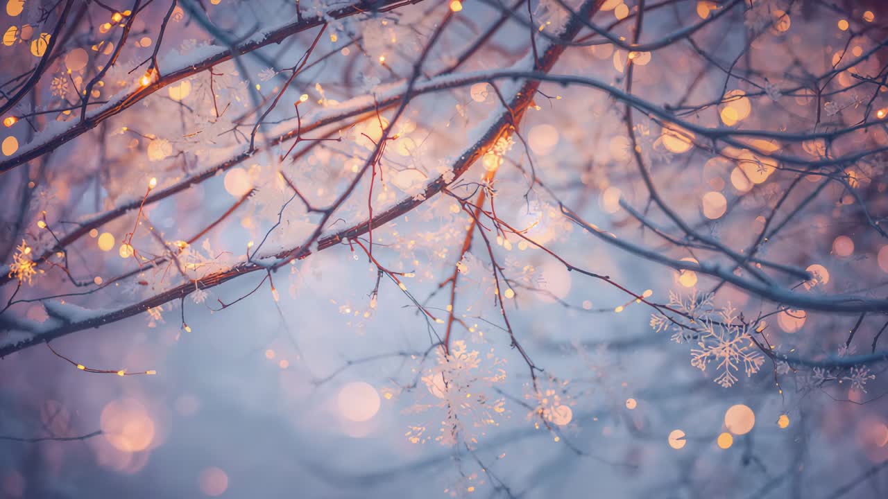 Shifting frosted branches revealing twinkling warm lights in mild breeze at dusk, with ice crystals
