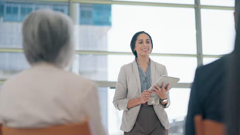 presentation, conference and woman with question