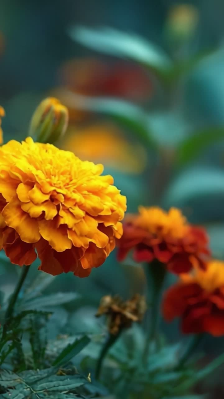 Una vivace esposizione di fiori di calendula in un ambiente da giardino, che mostra le loro tonalità giallo brillante e rosso intenso tra una vegetazione lussureggiante e uno sfondo sfocato