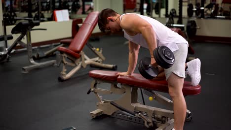 rear side shot of young bodybuilder doing one arm dumbbell rows using a bench