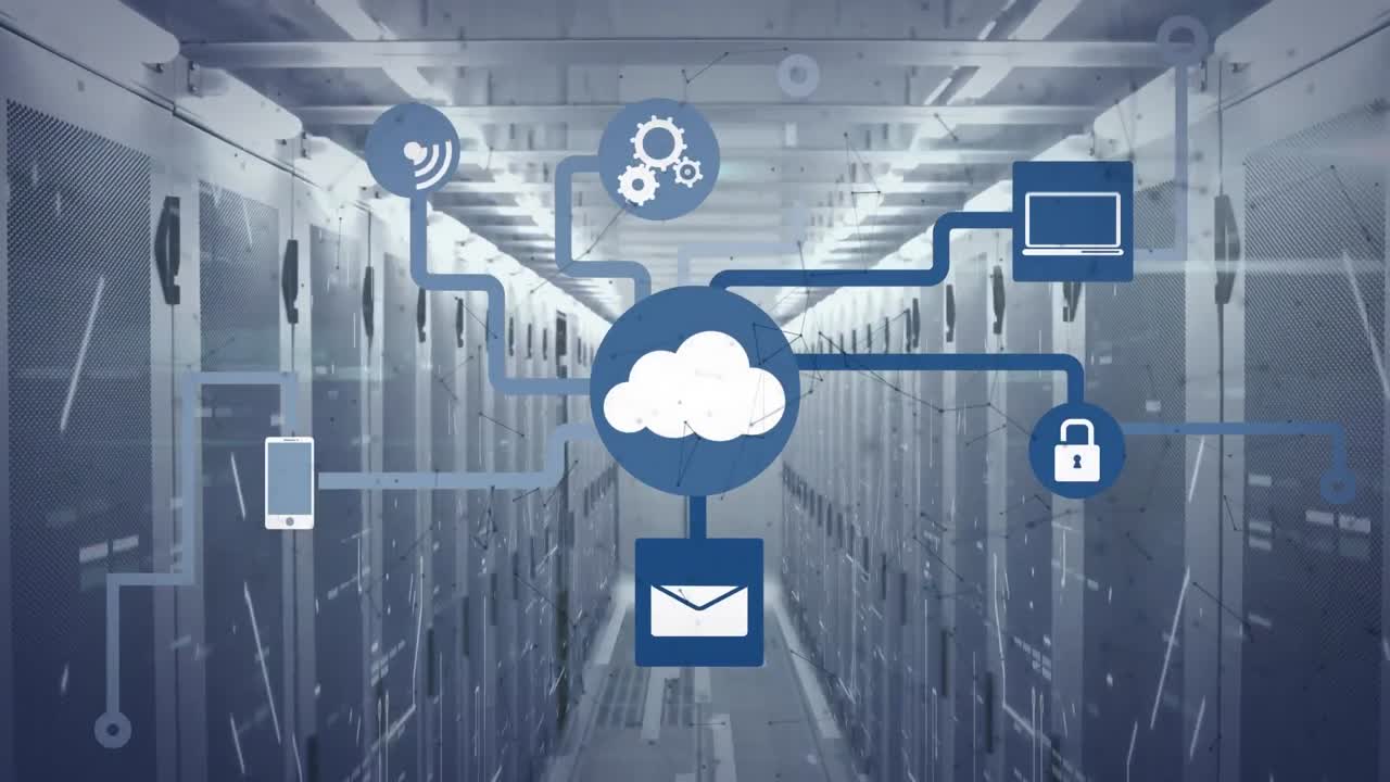 Animation of application icons forming flow chart and lines moving over server room
