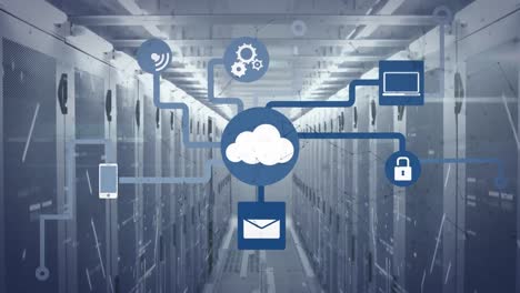 animazione di icone di applicazioni che formano un diagramma di flusso e linee che si muovono sulla sala server.