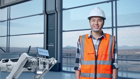 ingeniero y robot en una instalación moderna