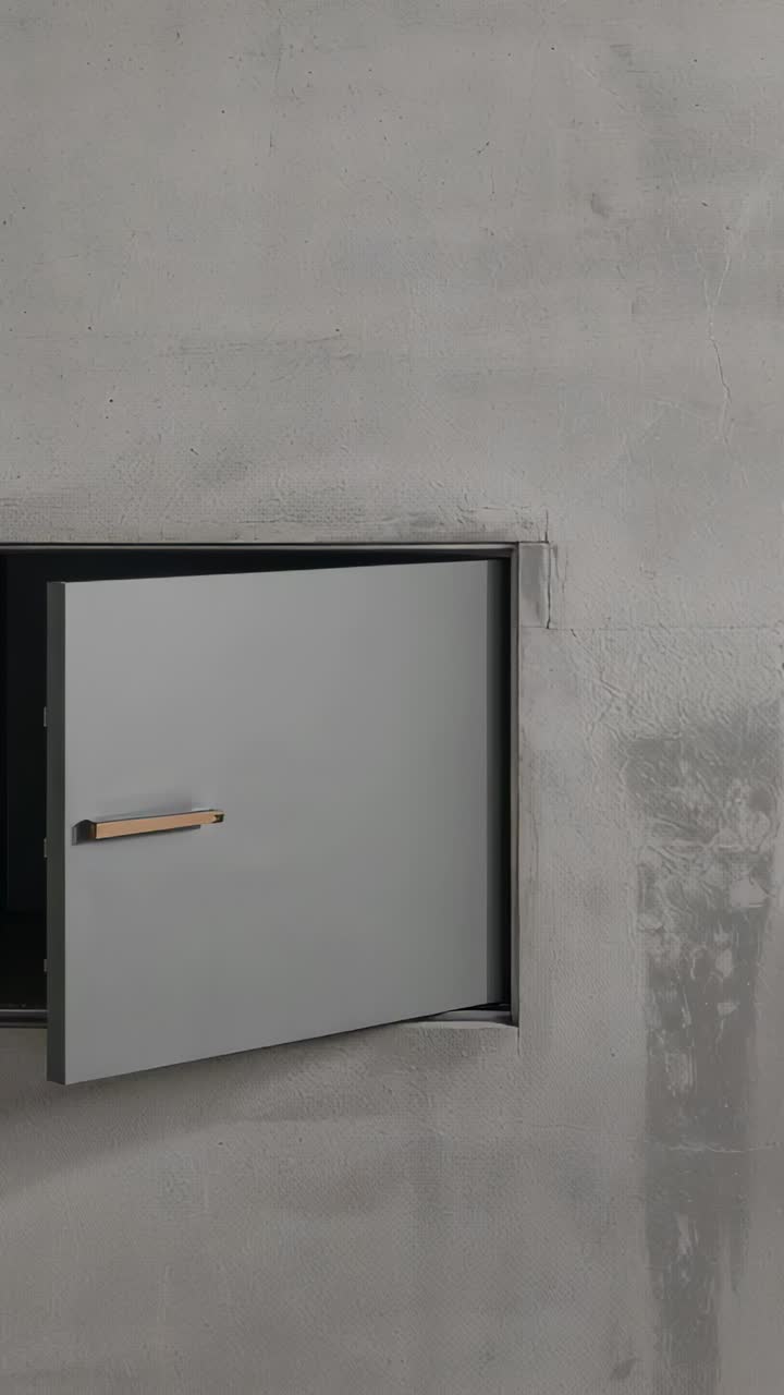 Vertical video: Opening metal hatch hinged on concrete wall, wood handle showing cavity, copy space