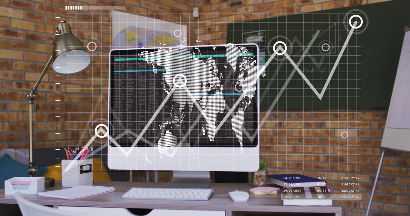 Monitor displaying fading data overlay, animating dotted map and pulsing graph showing global data