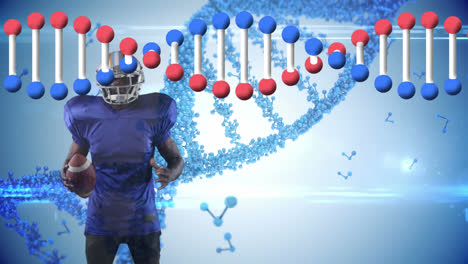 animación de adn hilado y procesamiento de datos sobre jugador de fútbol americano