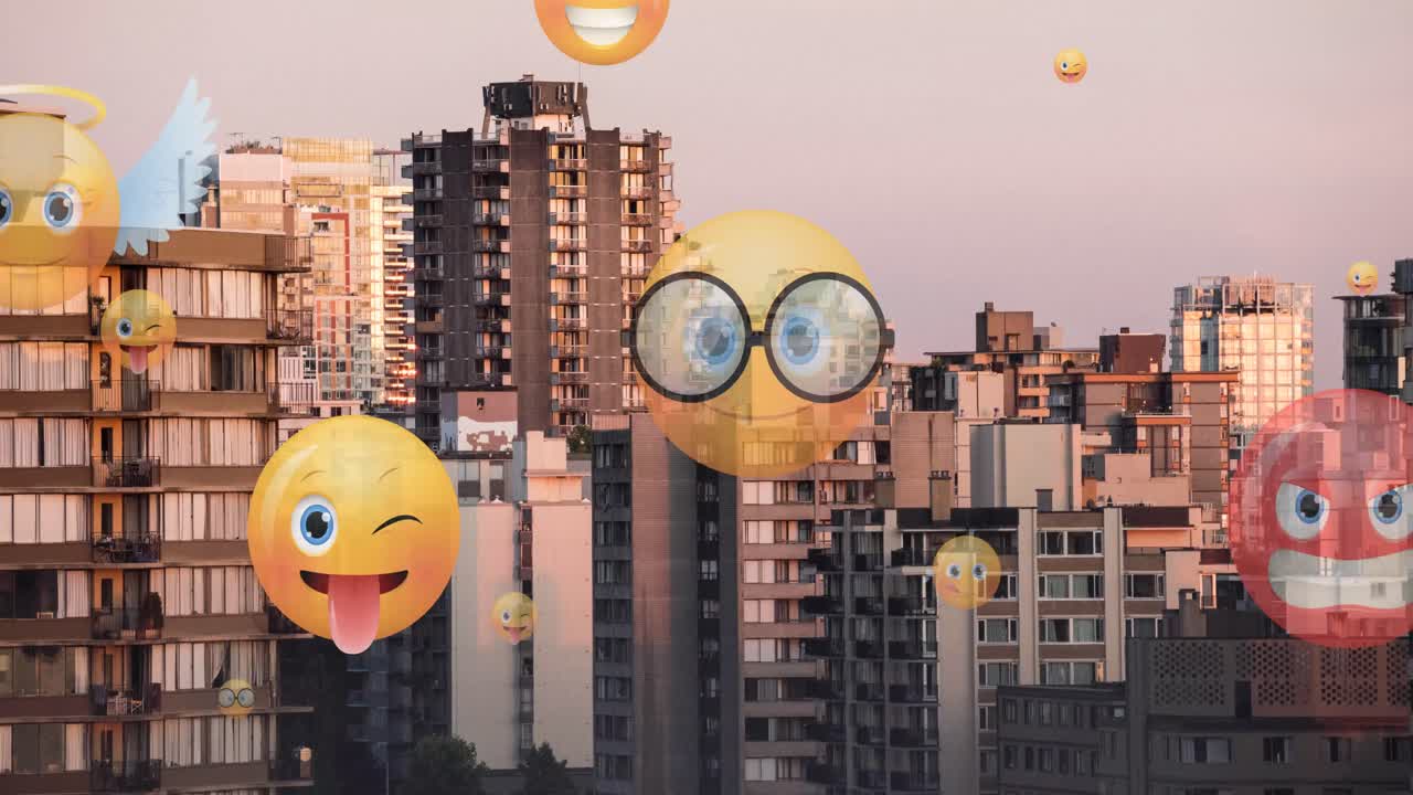 Animação de ícones de emoji voando para cima sobre a paisagem urbana