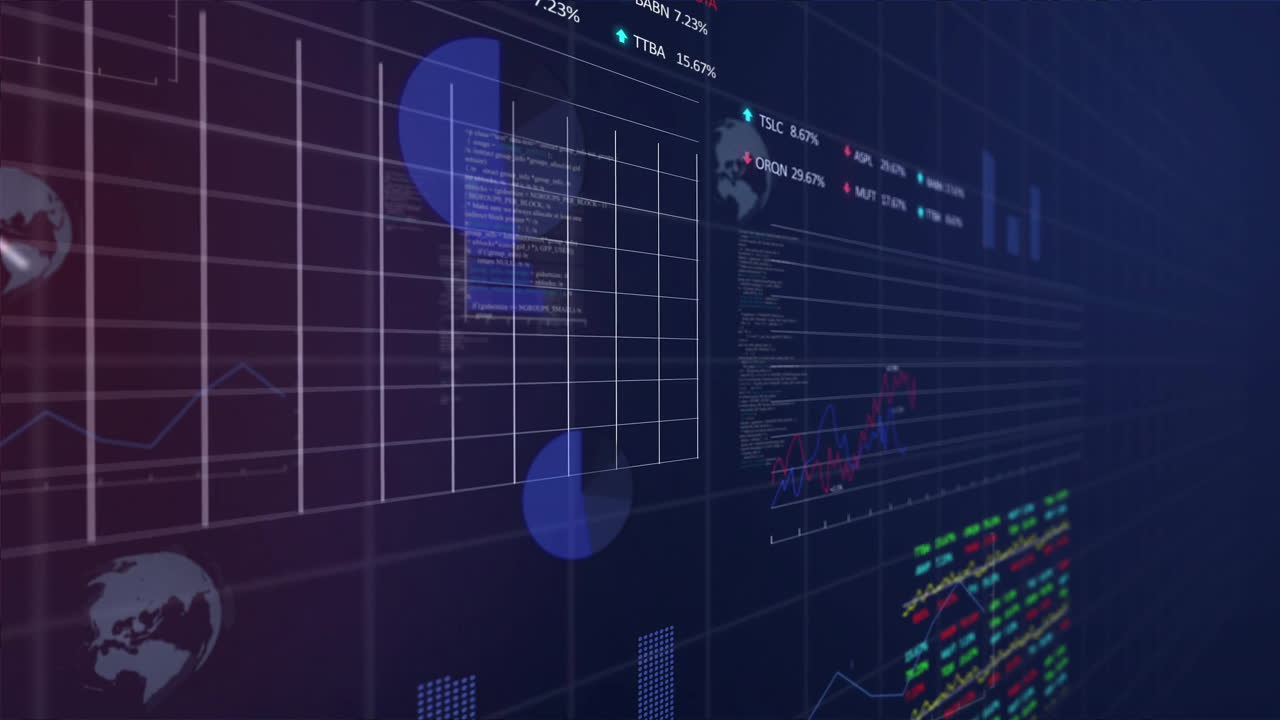 Animation of statistics and data processing over dark background