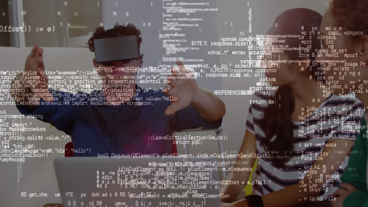 Man wearing a virtual reality headset with his friends