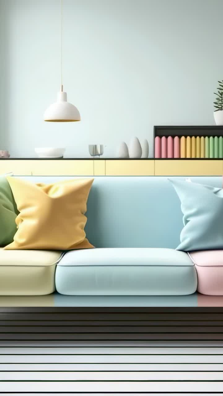 Vertical video: Camera drifting across pastel sofa and coffee table in living room, showing design