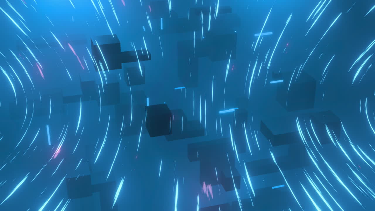animación de cubos 3d con luces voladoras y fondo azul