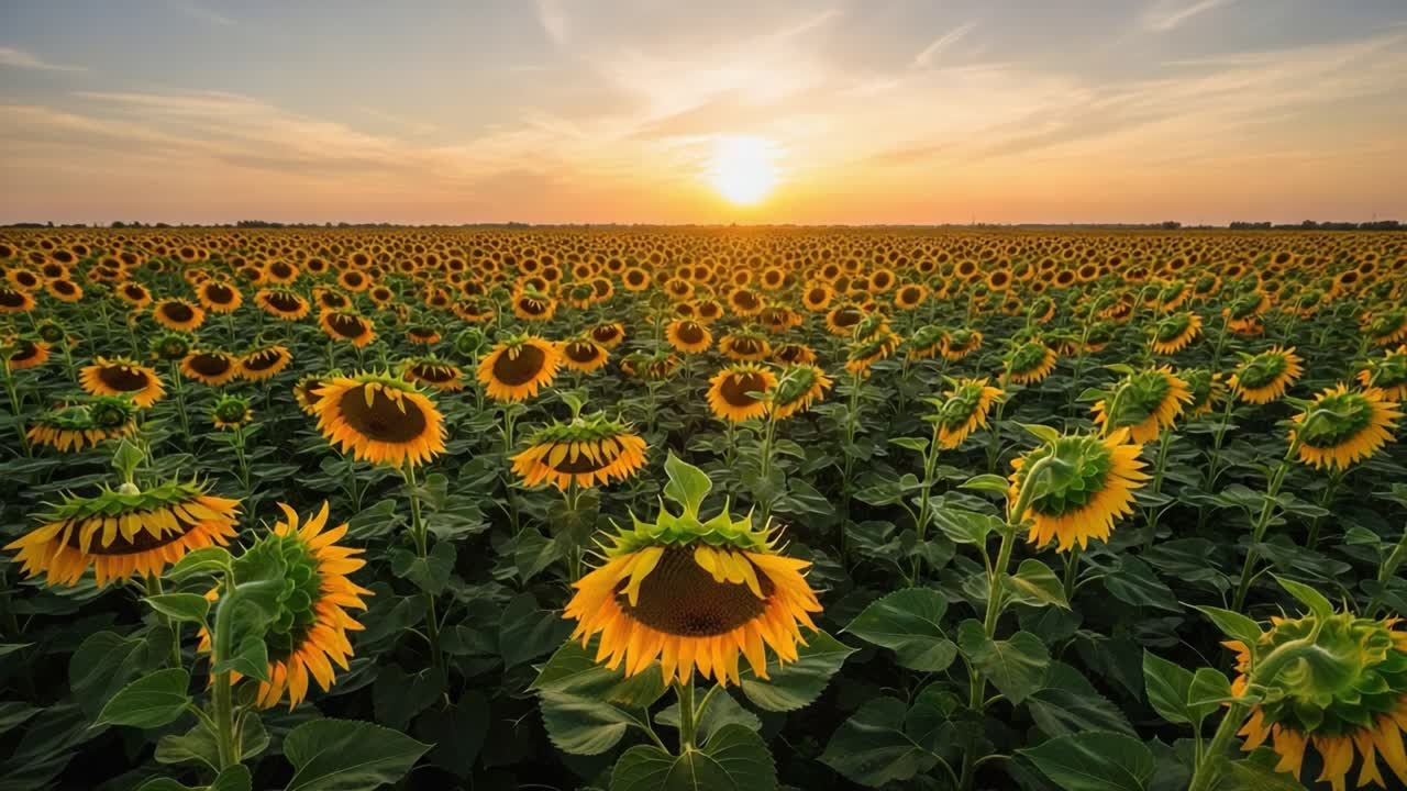 A Vibrant Field of Sunflowers Captured at Sunset, Showcasing Nature's Breathtaking Beauty and the Serenity of a Summer Evening in Full Bloom