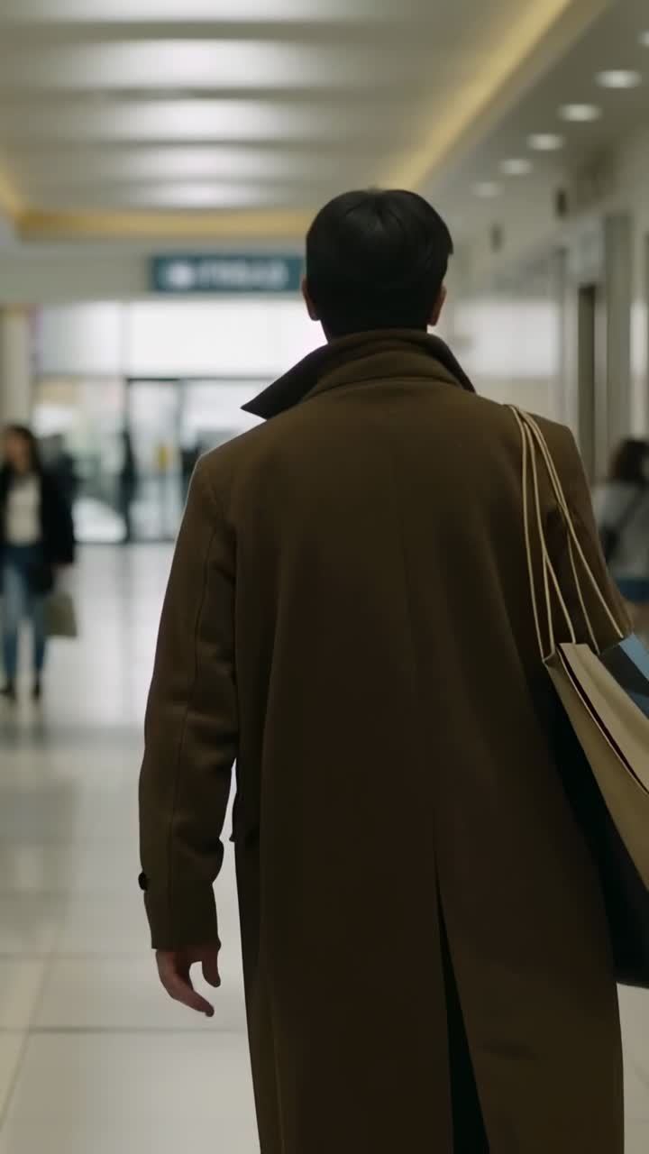 Video vertical: Hombre con gabardina marrón caminando por un pasillo comercial después de comprar, llevando bolsas