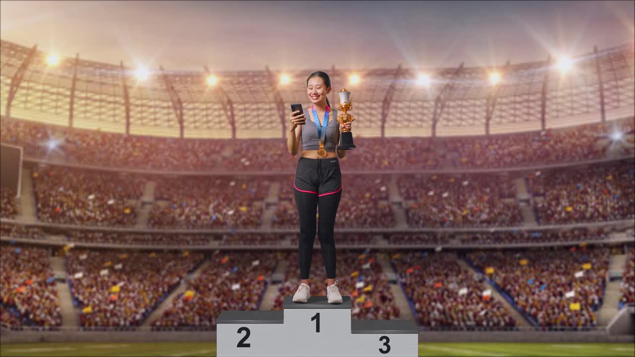 Woman celebrating victory on the podium