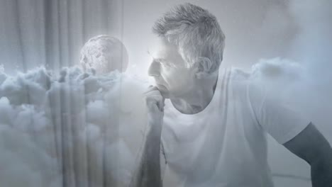 animación digital de un hombre preocupado mirando a través de la ventana 4k