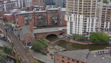 drone shot orbiting castlefield canals 01