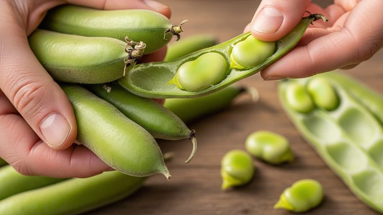 Exploring the Freshness of Green Peas: A Close-Up on the Pea Pod Being Opened, Revealing Vibrant and Tender Peas Surrounded by Others on a Wooden Surface